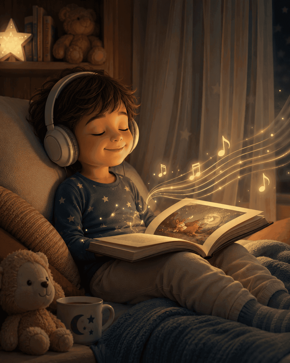 A child wearing headphones listening to their storybook narrated aloud