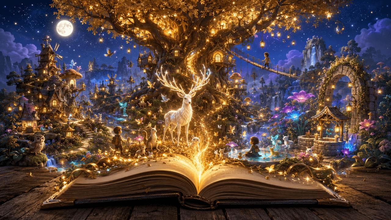 An open storybook radiating a whole magical world