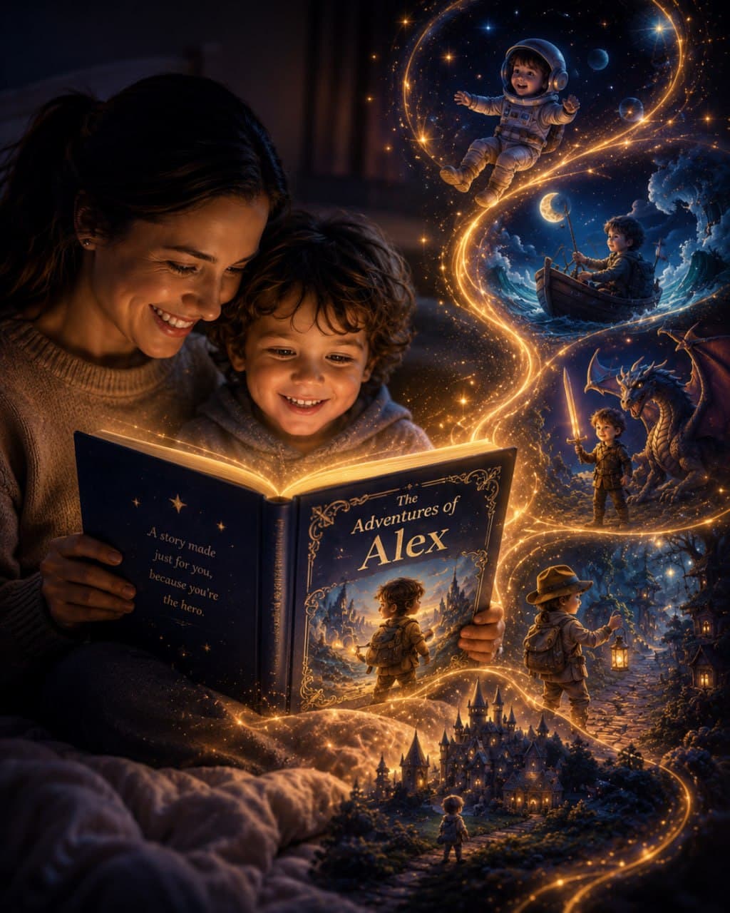 A child watching a magical world rise from the glowing pages of their storybook